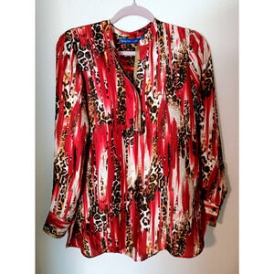 Georg Roth Red & Cheetah Print Silk Blouse Top Long Sleeves Dressy Sz S